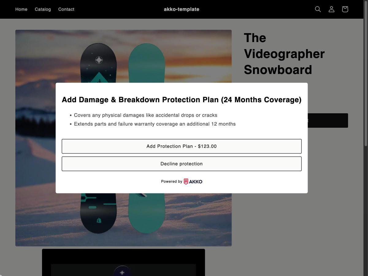 The protection plan opt-in modal, listing what the plan covers with accept and decline buttons
