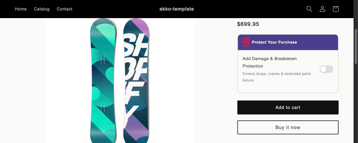 A Protect Your Purchase card with an opt-in toggle, sitting above the Add to cart and Buy it now buttons