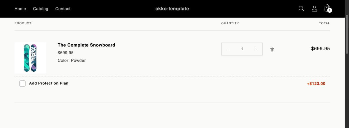Cart line item with an unchecked Add Protection Plan row showing the added price