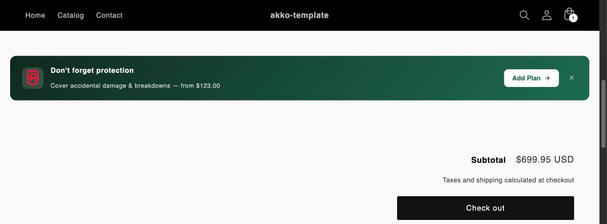 A protection banner pinned to the bottom of the cart, above the subtotal and checkout button